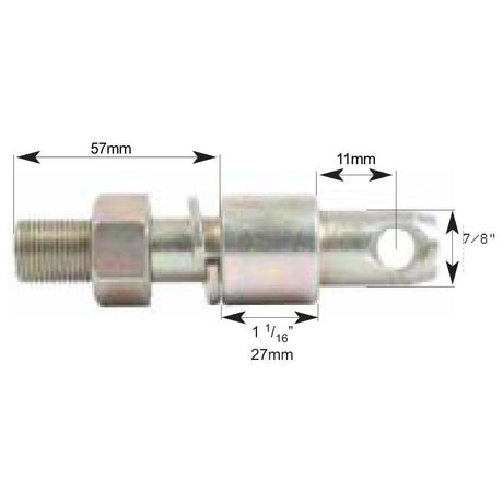 Close-up image of a Sparex Stabiliser Pin 22x117mm, Thread size 3/4''x38mm (Sparex Part No. S.3366) with labeled measurements: 57mm working length, 27mm in width at the widest point, 11mm at the narrowest point, and a Pin Ø of 7/8 inch.