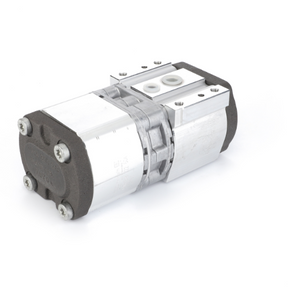 A close-up of a silver and black hydraulic pump, specifically the AGCO Massey Ferguson Tandem Pump (part number 3382280M1), showcasing bolt details and threaded ports on a white background.