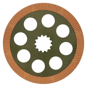 AGCO's Massey Ferguson - Brake Disc - 3386897M92 features a circular design with a green center and a brown outer ring, nine evenly spaced circular holes, and a star-shaped central hole, specifically designed for the Massey Ferguson 3100 Series.