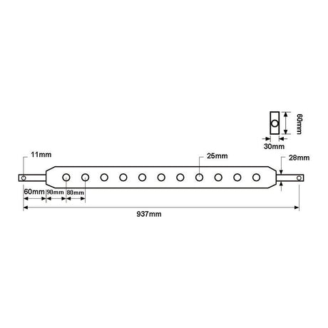 Diagram of a Sparex Flat Drawbar (Cat. 2) featuring nine drilled holes, measuring 937mm in length. Various dimensions are included, such as Hole Ø11mm, Hole Ø25mm, Hole Ø28mm, and section labeled as 30mm. Refer to Sparex Part No.S.3394 for further details.