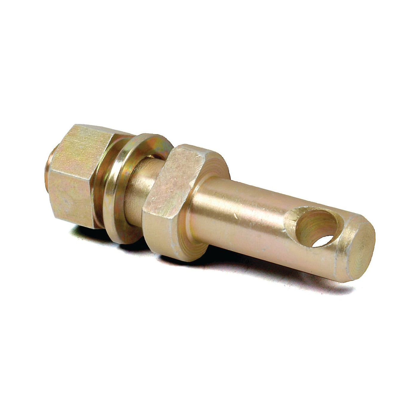 A Sparex Stabiliser Pin 19x98mm with a large nut, hexagonal bolt head, and an eyelet hole through its side lies horizontally against a white background. The pin complements its form with a thread size of 3/4''x22mm for secure fastening.