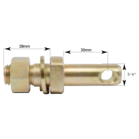 The Sparex Stabiliser Pin 19x98mm, Thread size 3/4''x22mm (Sparex Part No.S.3399), is a brass mechanical component with dimensions of 38mm and 30mm, and a thickness of 3/4". It features a cylindrical shape with a hole at one end, thread size 3/4'' UNC, and has a hexagonal nut on the other.