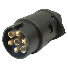 The Sparex 7 Pin Trailer Plug (Plastic), Male 12V (Sparex Part No. S.3400) is a black plug connector featuring seven brass pins arranged in a circular pattern, making it ideal for 12V systems.