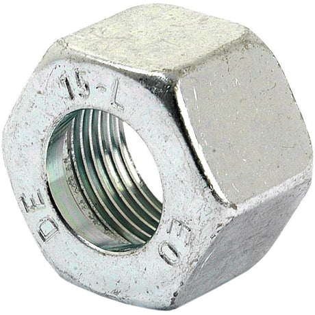 A close-up view of the Hydraulic Metal Pipe Union Nut 6L by Sparex (Part No. S.34010) showcases its metallic threading inside and alphanumeric markings on the outer surface, designed for Pipe O/D 6mm connections in compression fittings.