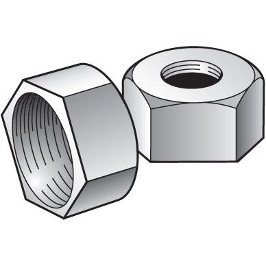 Illustration of two Hydraulic Metal Pipe Union Nuts 6L (Sparex Part No.S.34010) from Sparex, with one positioned upright to reveal the threaded hole and another angled to showcase the hexagonal exterior and interior threading, similar in style to a cutting ring nut used in compression fittings for Pipe O/D 6mm.