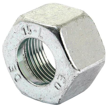 Close-up image of the Hydraulic Metal Pipe Union Nut 10L | Sparex Part No. S.34012, showcasing the precise threading inside, typically used in compression fitting applications from the brand Sparex.