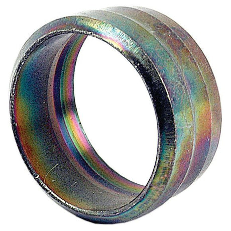 A close-up of a metallic, cylindrical object with a rainbow-tinted surface and smooth, slightly flared edges, reminiscent of the Sparex Hydraulic Metal Pipe Cutting ring 6L (Part No. S.34030).