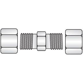 Line drawing of the Hydraulic Metal Pipe Straight Coupling G.V. 6L | Sparex Part No.S.34040 by Sparex, featuring a central coupler and two threaded nuts on each side, ideal for Pipe O/D 6mm applications.