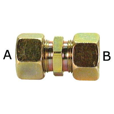 A brass hydraulic metal pipe straight coupling with hexagonal nuts labeled 'A' on the left and 'B' on the right, used for connecting 15mm pipes. This product is Sparex's Hydraulic Metal Pipe Straight Coupling G.V. 15L (Sparex Part No.S.34044).