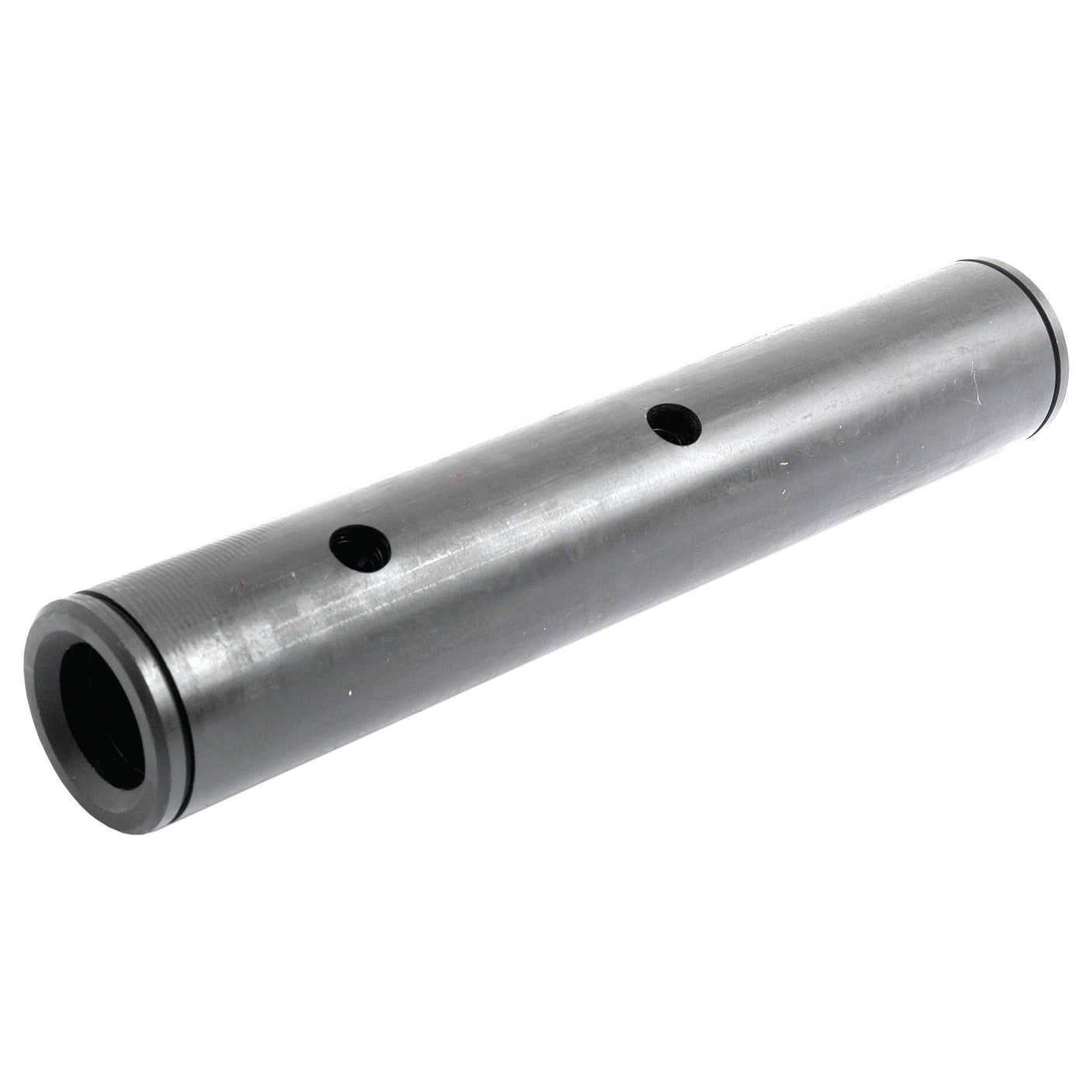 A cylindrical metal rod, similar to the Axle Pin | Sparex Part No.S.3404, with two holes drilled through its central section and both ends closed off.