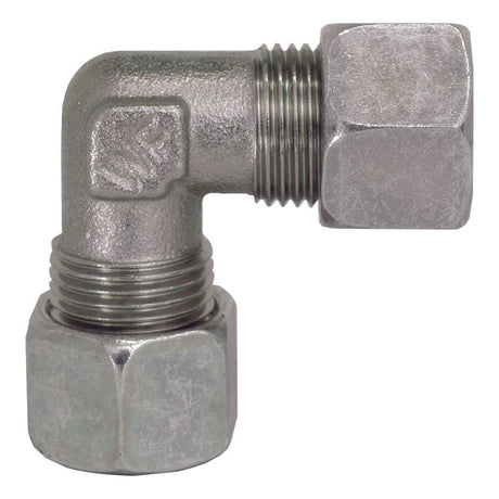 Image of a Sparex Hydraulic Metal Pipe Angled Coupling W.V. 10S 90compact (Sparex Part No.S.34077) with threaded ends and a hexagonal nut on one side.