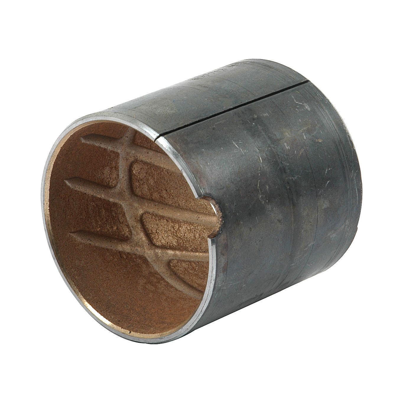 The Sparex Spindle Bush (Part No. S.3408) is a cylindrical metal bushing with an inner bronze lining and exterior grooves, making it ideal for use in Massey Ferguson and Landini parts.