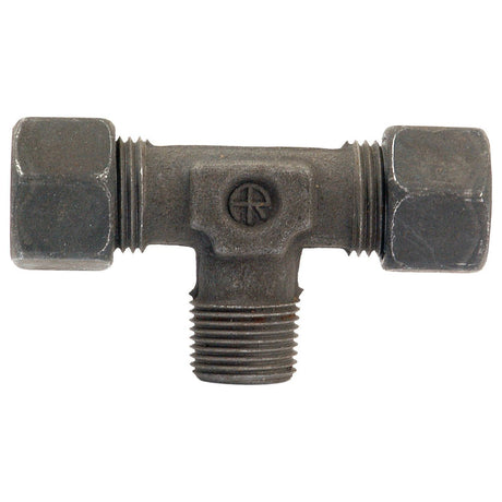 The Hydraulic Metal Pipe Tee Stud Coupling T.E.V. 12L - 3/8''BSP 90 male stud branch, Sparex Part No.S.34123, is a metal T-shaped pipe fitting with threaded ends on all three openings, designed for connecting three sections of pipe. This durable Male Tee is engineered by Sparex for reliable performance in various applications.