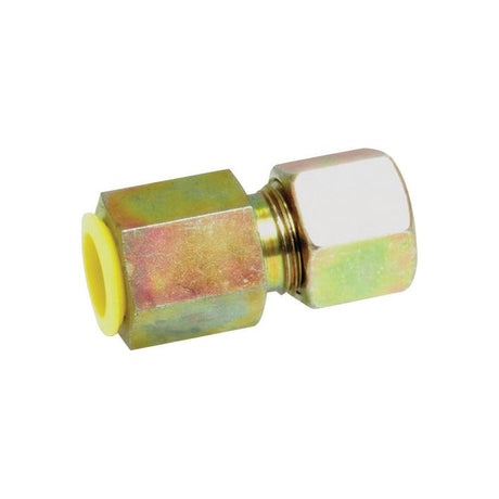 The Sparex Hydraulic Metal Pipe Manometer Stud Coupling M.A.V. 6L - 1/4''BSP, featuring a brass construction with a hexagonal nut, threaded connector, and a yellow plastic insert on one end, is available under Sparex Part No. S.34130.