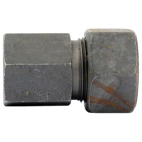 Close-up of a metallic hexagonal bolt or connector with threading visible on one end and marks of wear and rust, resembling a Sparex Hydraulic Metal Pipe Female Stud Coupling G.A.V. 18L - 1/2'' BSP | Sparex Part No. S.34155.