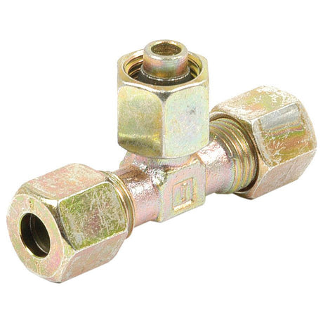 The Sparex Hydraulic Metal Pipe Tee Stud Coupling E.T.V. 8L standpipe branch (Sparex Part No. S.34161) is a metallic T-shaped pipe fitting featuring compression nuts on all three ends, compatible with an 8mm pipe.