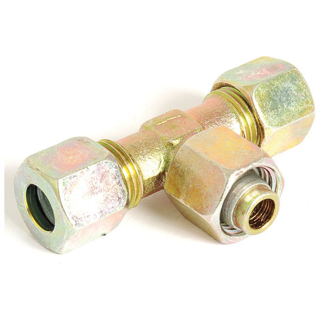 The Sparex Hydraulic Metal Pipe Tee Stud Coupling E.T.V. 10L standpipe branch, also known as Sparex Part No.S.34162, is a brass T-shaped compression fitting featuring three threaded ends.