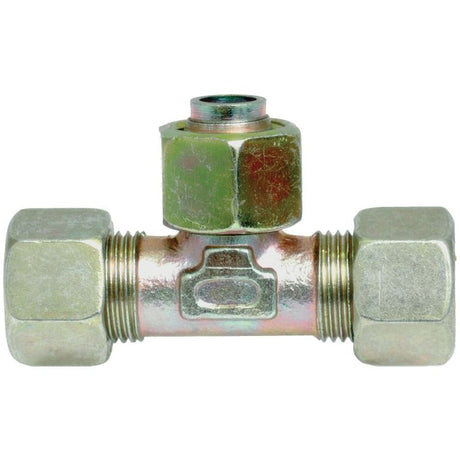 Image of the Hydraulic Metal Pipe Tee Stud Coupling E.T.V. 12L standpipe branch by Sparex, featuring a T-shaped design with threaded ends and hexagonal nuts on all three sides. Used for connecting 12mm O/D pipes or tubing in plumbing and mechanical systems (Sparex Part No.S.34163).