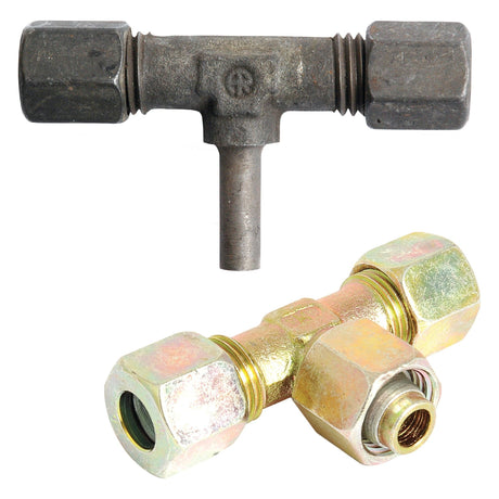 Two metal pipe connectors are shown: one is the Sparex Hydraulic Metal Pipe Tee Stud Coupling E.T.V. 18L standpipe branch (Sparex Part No.S.34165) with a T-shaped structure and a rough finish at the top, and the other has a hexagonal fitting with a polished finish at the bottom, making them ideal for integration with Parker Hannifin systems.