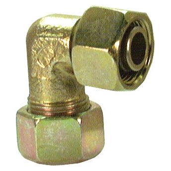 The Hydraulic Metal Pipe Angled Stud Coupling E.W.V. 12L 90 compact standpipe, offered by Sparex under Part No.S.34173, is a brass 90-degree elbow pipe fitting featuring threaded compression nuts on both ends. It is designed to connect two pipes at a right angle efficiently and is ideal for applications requiring a Pipe O/D of 12mm, providing reliable compression fitting.