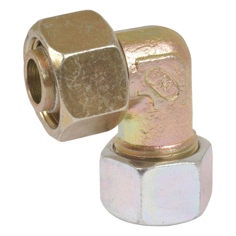 Hydraulic Metal Pipe Angled Stud Coupling E.W.V. 15L 90 compact standpipe with hexagonal nuts at both ends, used for joining two sections of tubing at a right angle; ideal as a Pipe O.D. 15mm compression fitting - Sparex Part No. S.34174 by Sparex.