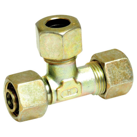 The Sparex Hydraulic Metal Pipe Tee Standpipe Coupling E.L.V. 22L coupler branch (Sparex Part No. S.34186) is a brass compression tee fitting with three ports for connecting pipes. This stud tee fitting has threaded ends and a central body, commonly used in plumbing systems.