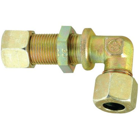 The Sparex Hydraulic Metal Pipe Angled Bulkhead Coupling G.S.V. 18L 90 with lock nut (Part No.S.34215) features a brass-colored finish, 90-degree angled design, threaded ends, hexagonal nuts for secure connections, and a bulkhead elbow configuration for versatile use.