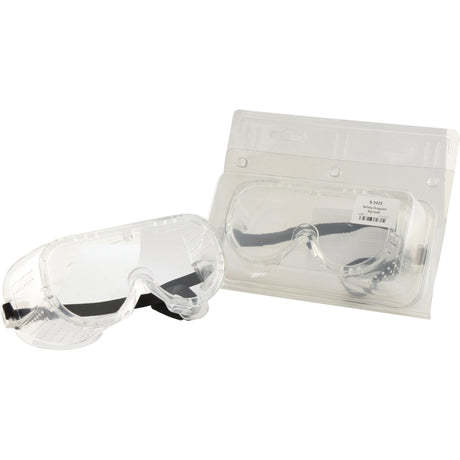 Displayed next to their packaging, the Safety Goggles Agripak - S.3422 by Sparex feature clear lenses and black adjustable straps. Suitable for various environments, they come with manufacturer's information for your reference.