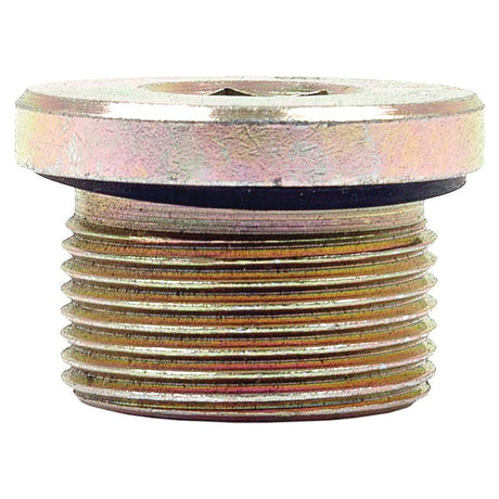 The Sparex Hydraulic Blanking Plug Adaptor M26 x 1.5 (Sparex Part No. S.34237) is a metallic threaded plug with a hexagonal socket on top and a rubber gasket, ideal for hydraulic systems.