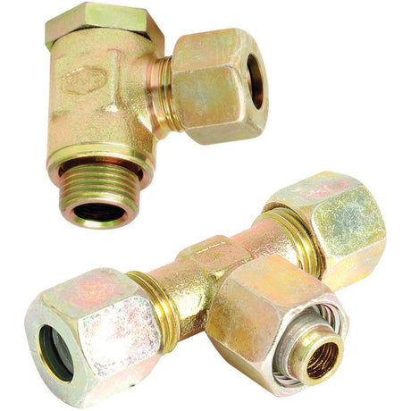 Two Sparex brass tube fittings, one is a T-shaped Hydraulic Metal Pipe Banjo Coupling S.W.V. 6L - 1/8''BSP with bolt (Sparex Part No.S.34260), and the other has two straight connectors. Both fittings come with threaded ends, M12 x 1.5 compression nuts, and are capable of handling pressures up to 250 bar.