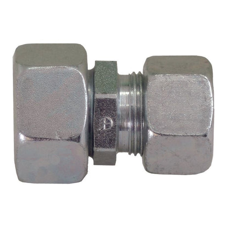 A close-up image of a Sparex Hydraulic Metal Pipe Step Adaptor 18L - 12L (Sparex Part No. S.34283) with hexagonal nuts on each end, designed for connecting two pipes or tubes.