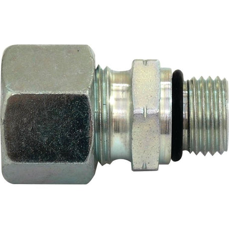 Close-up image of a Sparex Hydraulic Metal Pipe Stud Coupling 12L - 9/16''UNF (Sparex Part No. S.34309) with a hexagonal body and threaded ends.