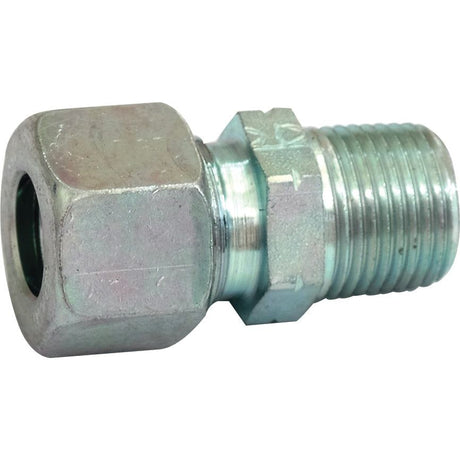 A close-up image of the Sparex Hydraulic Metal Pipe Stud Coupling 12L - 3/8NPT (Part No. S.34312) displaying its precise construction with a hexagonal nut on one end and a threaded section on the other, designed for reliable performance under high working pressure.