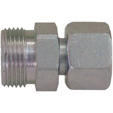 A close-up image of the Hydraulic Metal Pipe Thread Adaptor RED 10S 1/2'' BSP by Sparex, commonly used in plumbing or industrial piping systems. One end has external threads while the other end features a hexagonal nut, making it ideal for hydraulic metal pipe applications (Sparex Part No. S.34338).