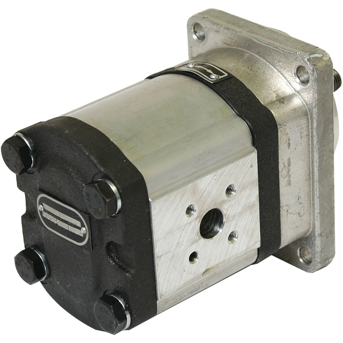 A robust metal gear pump by Sparex, known as the Single Hydraulic Pump - S.34343, featuring a sleek black and silver casing, four bolts securing the front plate, and a central inlet/outlet port on the side.