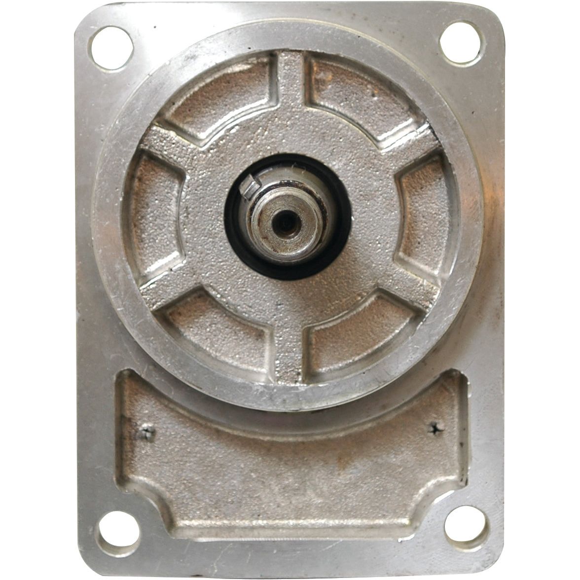 Close-up of the Single Hydraulic Pump - S.34343 by Sparex, featuring a metallic component with a central circular groove, encased in a rectangular metal plate with four corner holes.