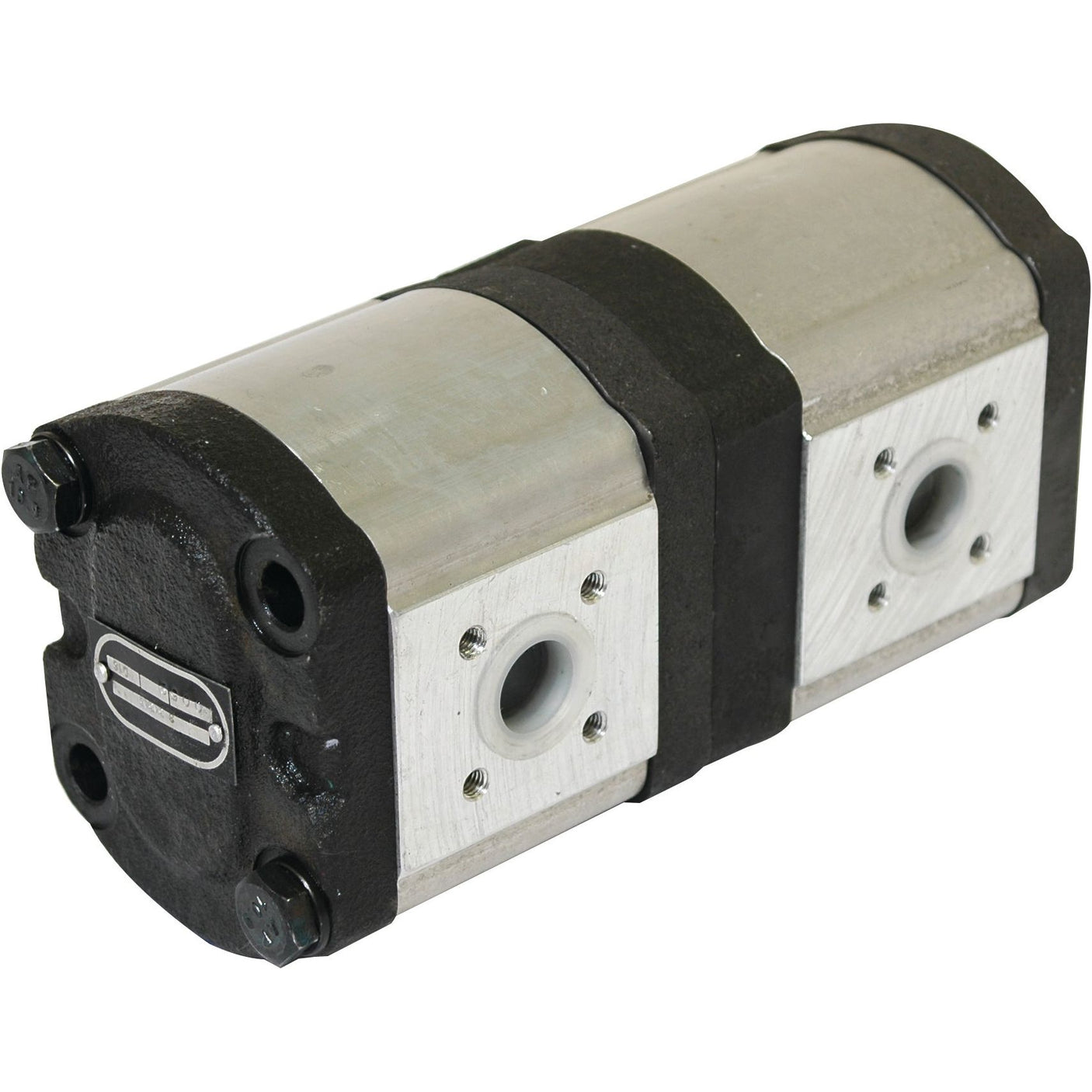 The Sparex Tandem Hydraulic Pump - S.34345 features a metallic body and black end caps, with two input/output ports on each end section. This double hydraulic gear pump can achieve a maximum speed of 3000 rpm, ensuring optimal performance for various applications.