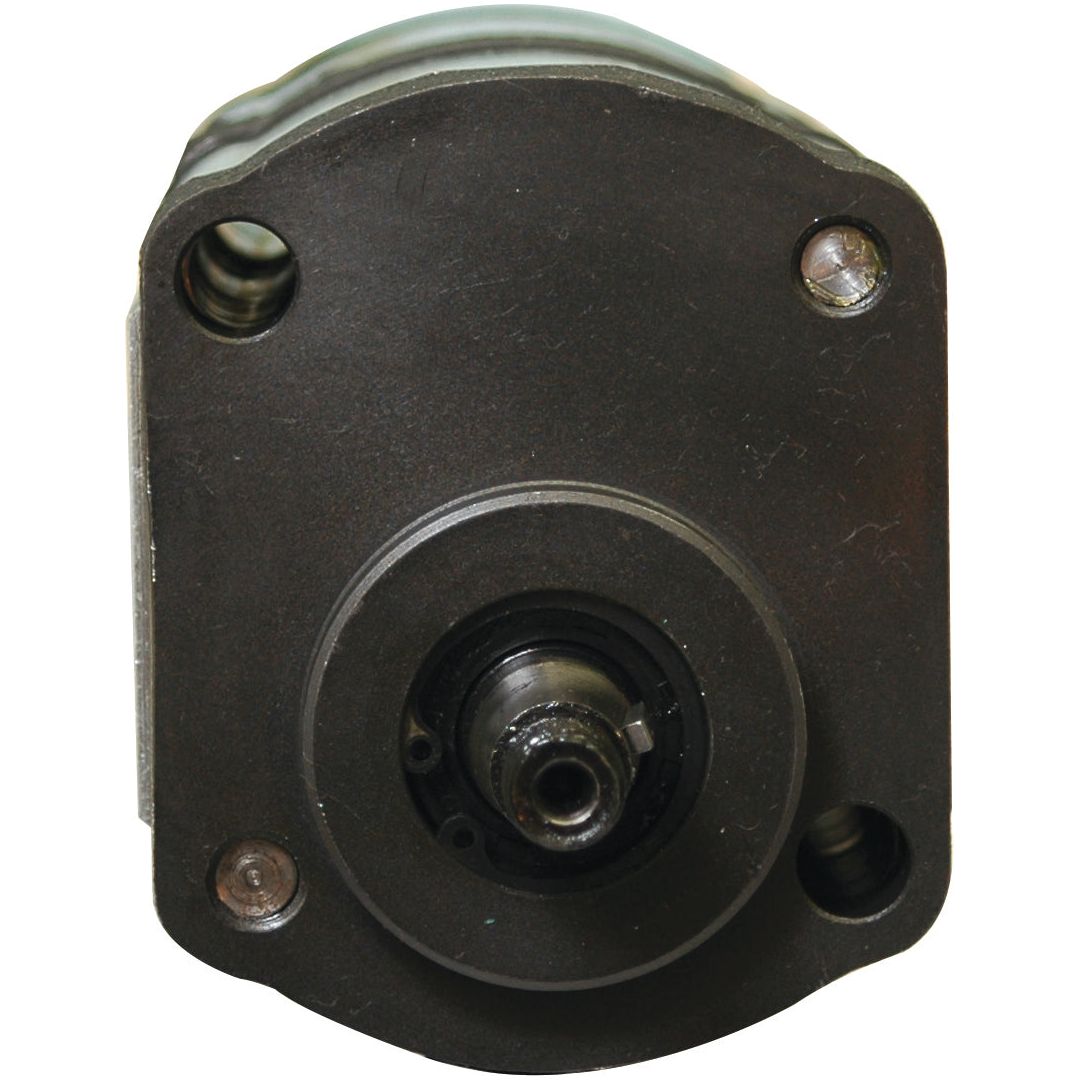 Close-up of a black mechanical component with a central circular section, gears visible in the center, and bolt holes in each corner. The Sparex Tandem Hydraulic Pump - S.34345, featuring a maximum pump speed of 3000 rpm, is designed for high efficiency and reliability.