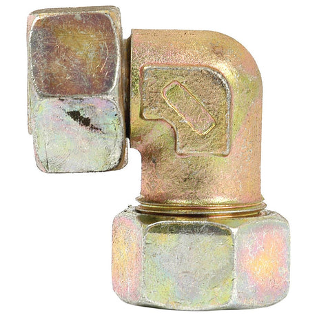 A Sparex Hydraulic Metal Pipe Angled Stud Coupling E.W.V. 25S 90 Compact Standpipe (Sparex Part No. S.34354), featuring a hexagonal nut on each end, shows signs of wear and discoloration.