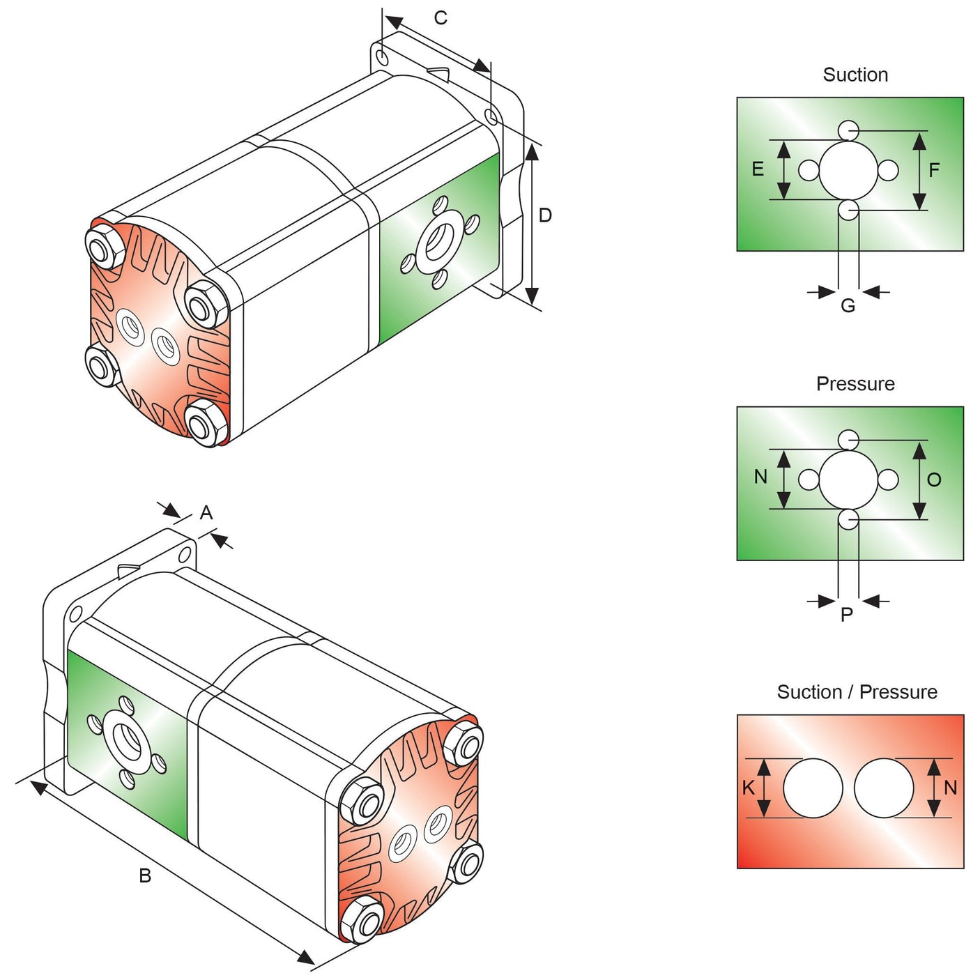 Illustration of a Tandem Hydraulic Pump - S.34403 by Sparex with labeled dimensions (A, B, C, D). Two diagrams indicate suction and pressure directions, with points E, F, G and N, O, P. Another diagram shows pressure from points K and N.