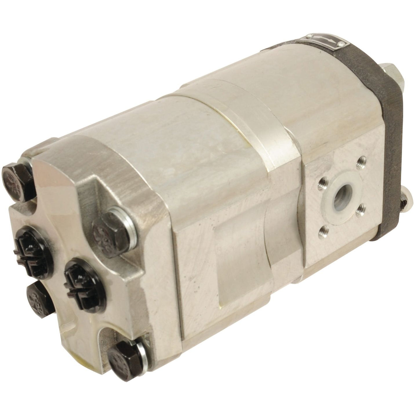 The Sparex Tandem Hydraulic Pump - S.34403, designed with a cylindrical shape and multiple connection points, features bolted joints on one end and a silver finish, making it ideal for Case IH applications.