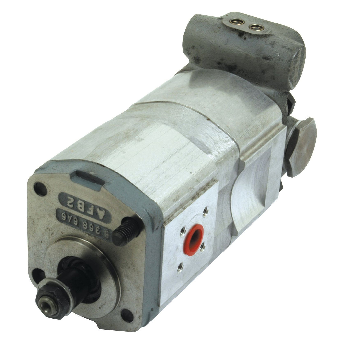 A Sparex Tandem Hydraulic Pump - S.34408 featuring a rectangular metal body, a protruding cylindrical component, and bolt fasteners. The label marked "AB52" and the serial number are visible. Compatible with Case IH / International Harvester models.