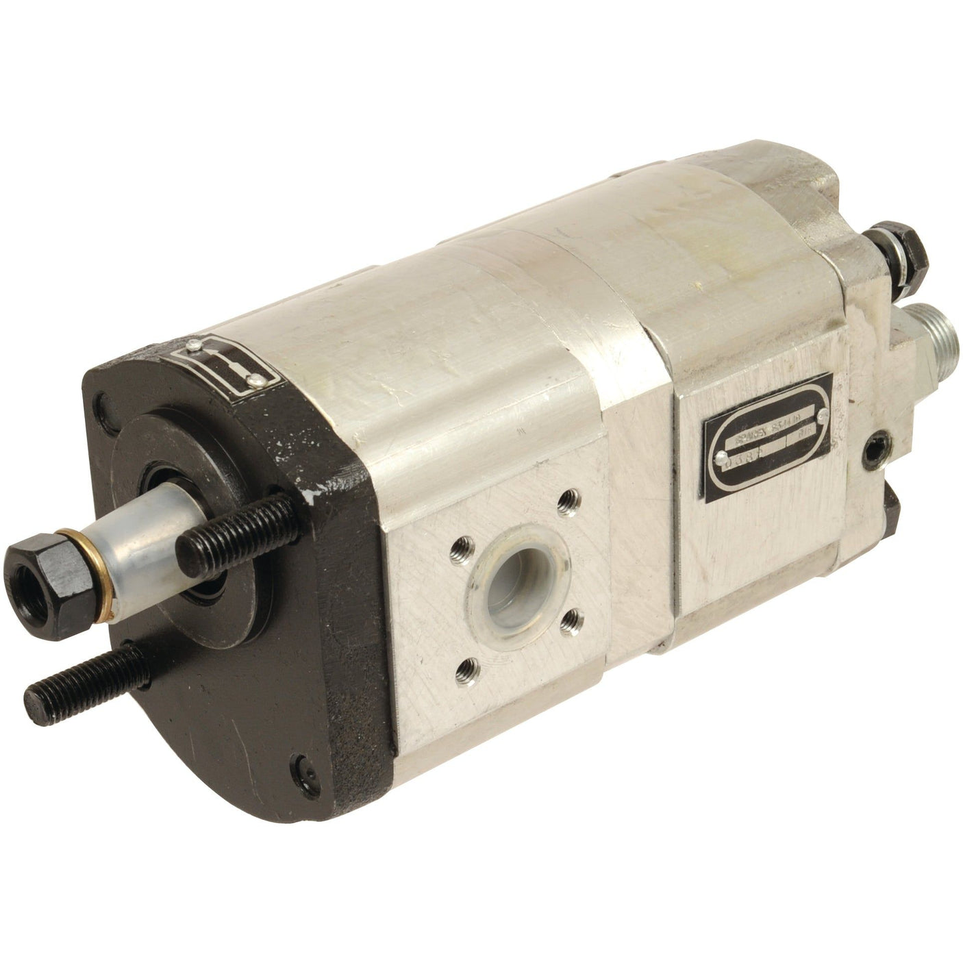 A silver, cylindrical Tandem Hydraulic Pump, branded as Sparex Part No.S.34410, features various fittings and ports on its sides. It is equipped with a black mounting plate on one end with bolts and an attached shaft, making it ideal for Case IH / International Harvester machinery.