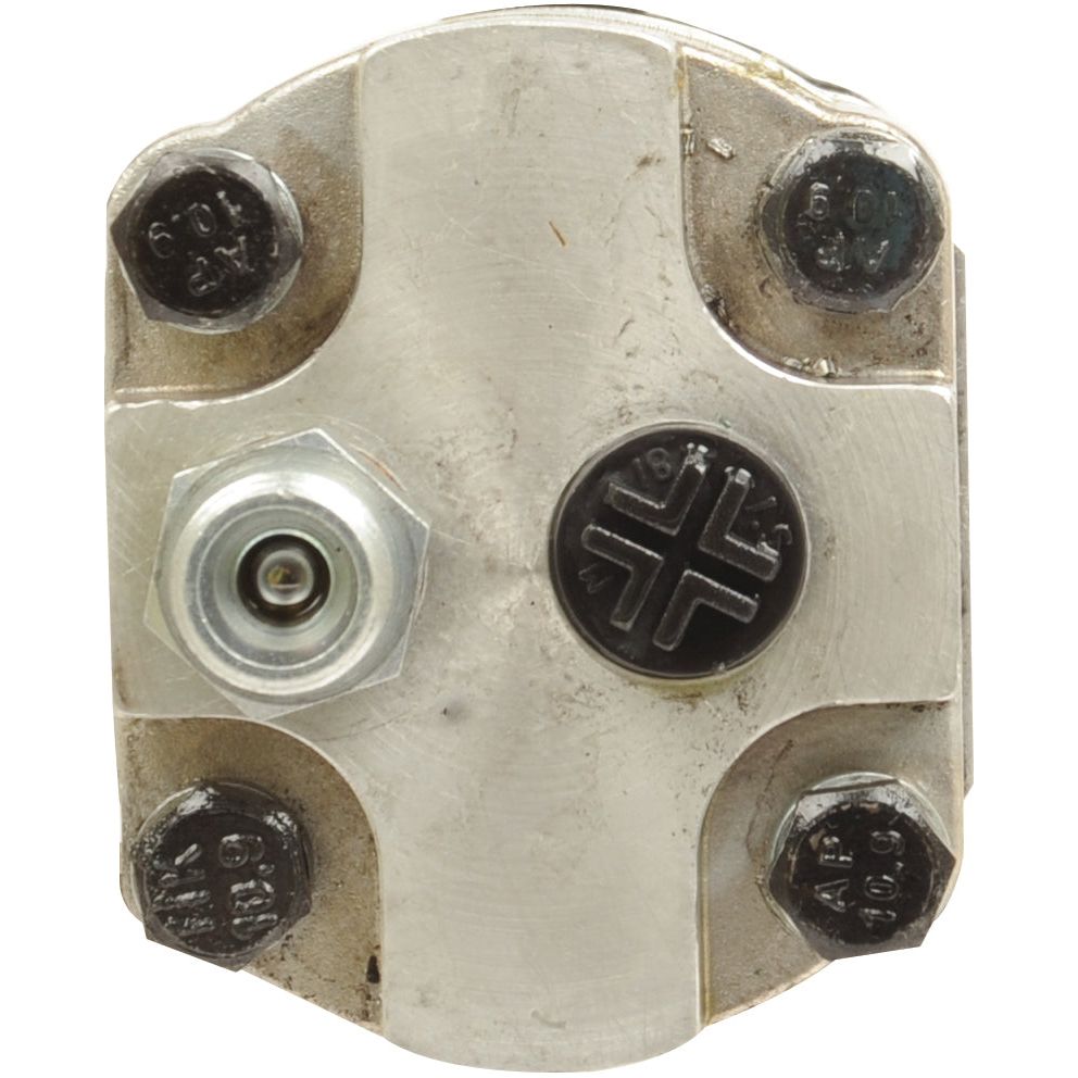 Close-up view of a metal component featuring a hexagonal bolt, a screw head with a cross pattern, and four round-headed bolts from the Sparex Tandem Hydraulic Pump (Part No. S.34410).