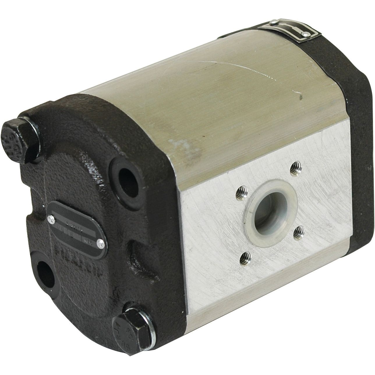 The Single Hydraulic Pump - S.34418 by Sparex is an industrial hydraulic gear pump featuring a metallic body and black end caps, with multiple mounting and connection points, similar to those found in Deutz-Fahr machinery.