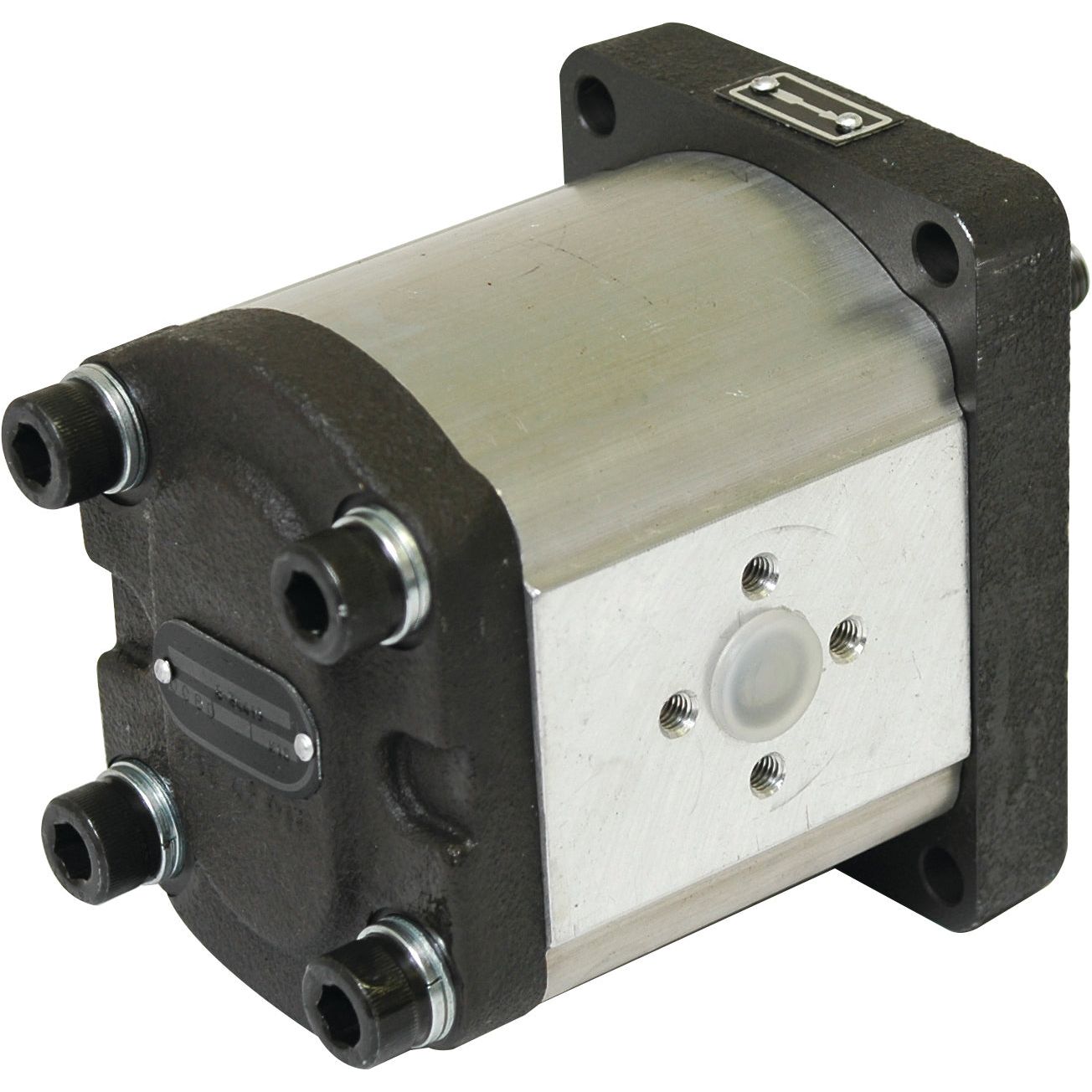 The Sparex Single Hydraulic Pump (S.34419), designed specifically for Fiat tractor parts, features a rectangular shape and is securely mounted using four corner bolts. It boasts a sleek black and silver finish, combining both function and style.