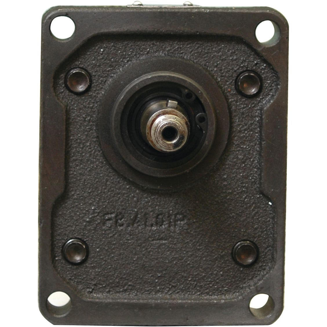 Close-up of a square metal gear housing, typically seen in Fiat tractor parts, featuring a central rotating shaft and four mounting holes at the corners, from the Single Hydraulic Pump - S.34419 by Sparex.