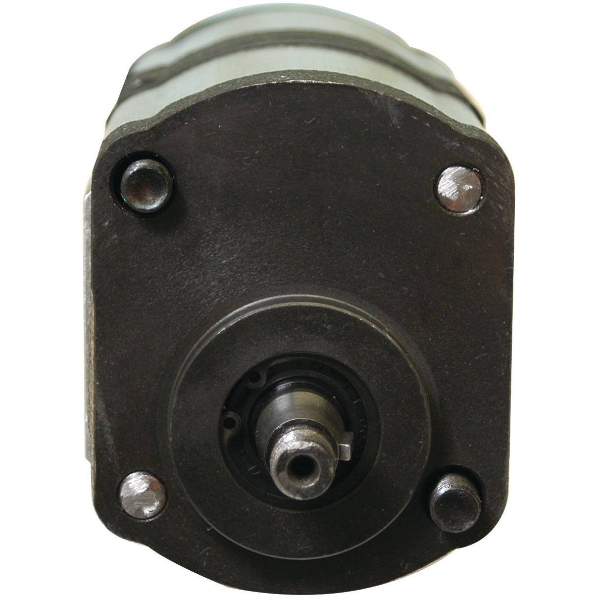 A close-up view of the Tandem Hydraulic Pump - S.34425 from Sparex, featuring a cylindrical shaft extending from a hexagonal metal housing secured by four mounting bolts, reminiscent of the robust design found in Case IH machinery.