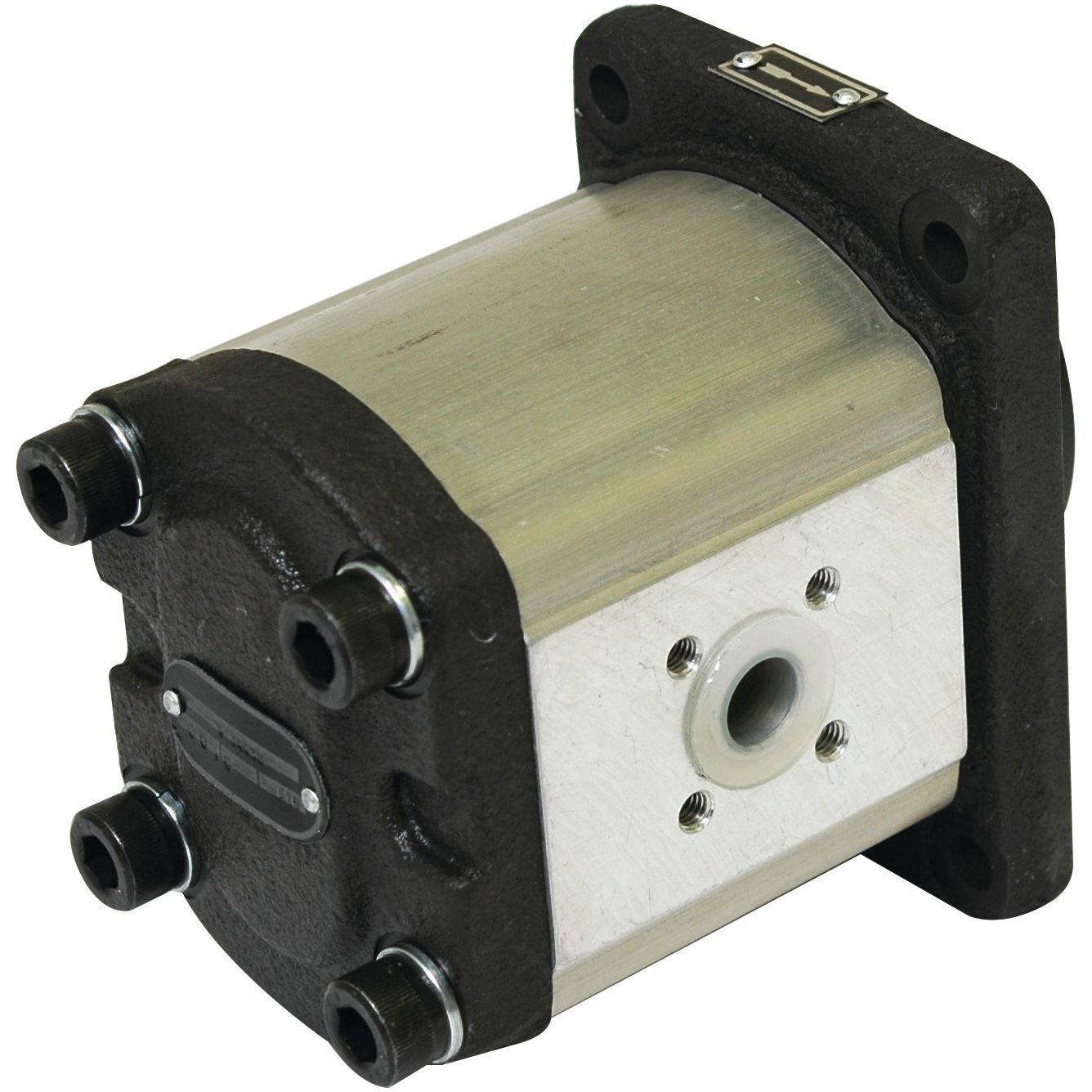 Image of the Sparex Single Hydraulic Pump - S.34430, featuring a square mounting plate, metal casing, and four bolts on the front, similar to those used in John Deere 930 tractors.