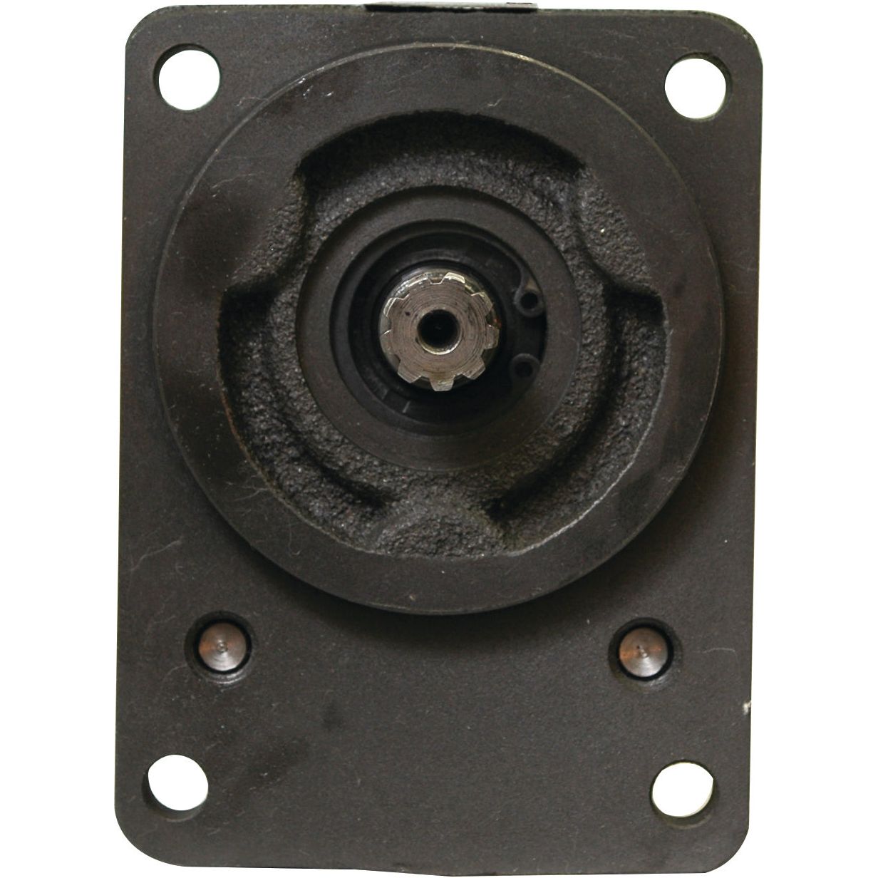 The Sparex Single Hydraulic Pump - S.34430 features a black metal mounting bracket with a central opening and four screw holes in the corners, compatible with Fendt FAVORIT 600.